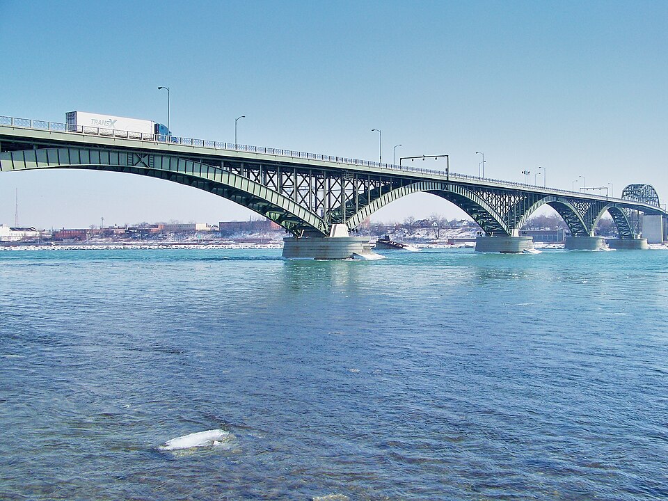 The Peace Bridge over the Niagara River in winter