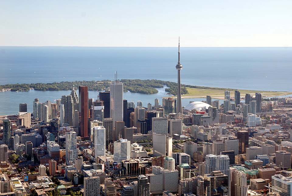Aerial view of downtown Toronto, the CN Tower and the island airport